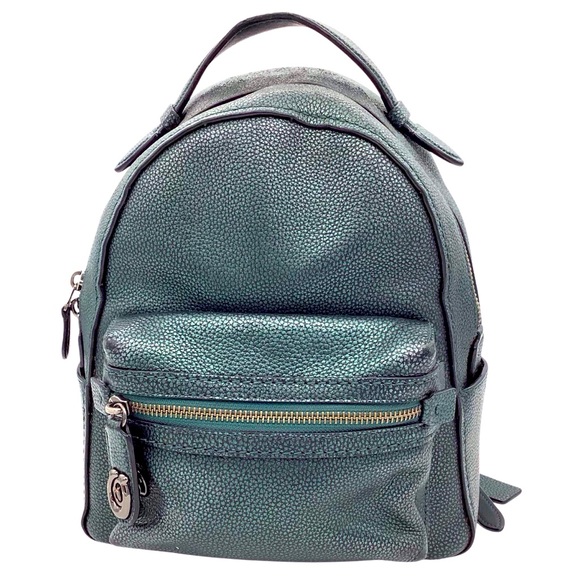 Coach The Petite Campus Backpack 23 in Metallic Polished Pebble Leather Green - Picture 1 of 4